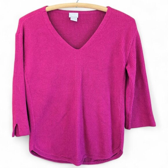 Chico's Sweaters - Chicos Shaker Knit V-Neck Sweater XS Pink 3/4 Sleeve Cotton Blend